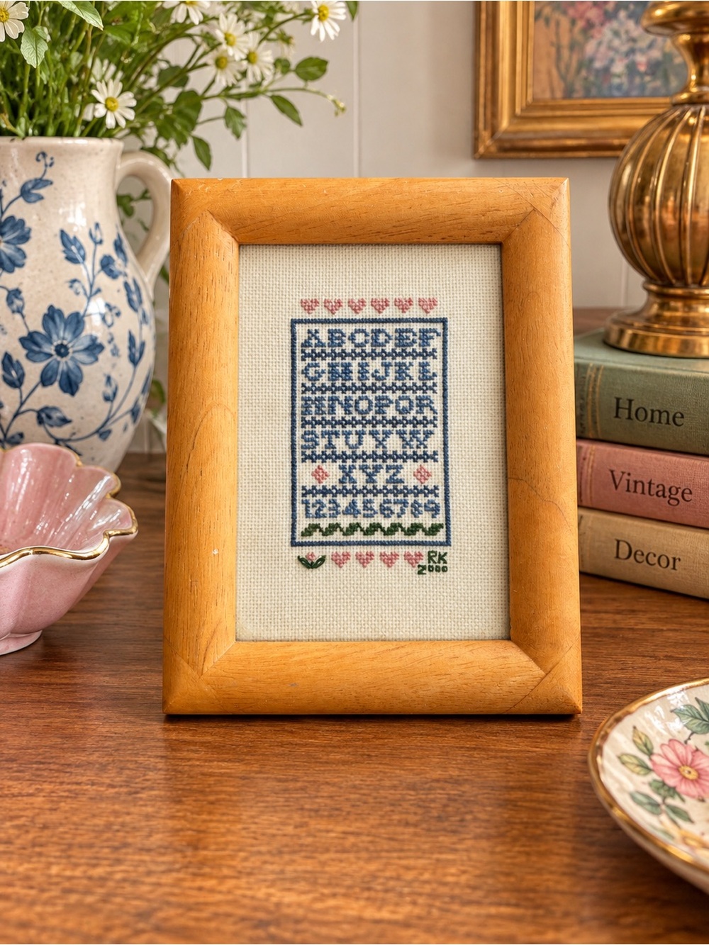 Vintage 5x6” cross stitch sampler ABC 123 cottage core boho wall hanging